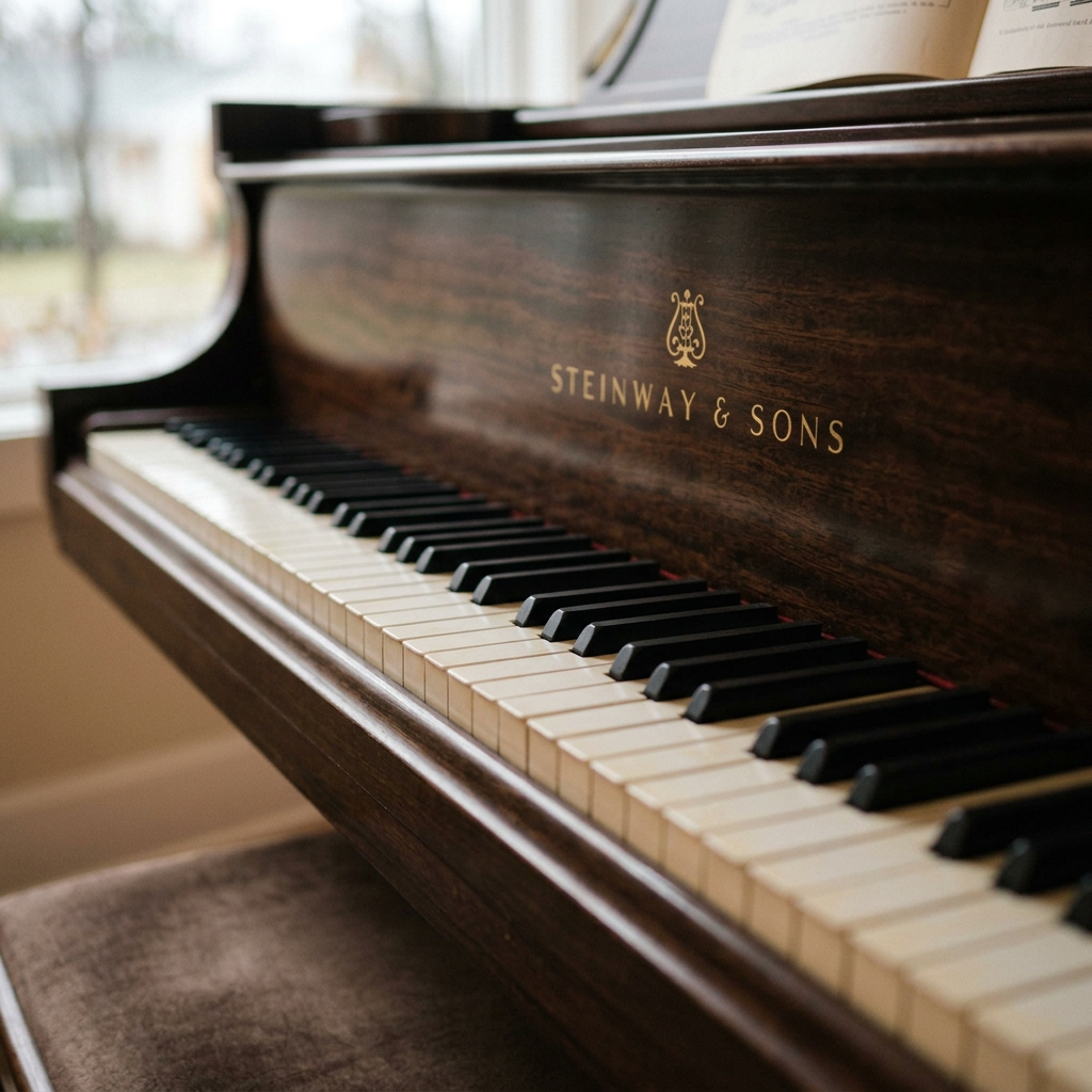 Steinway & Sons grand piano with open sheet music on the stand in a warmly lit living room