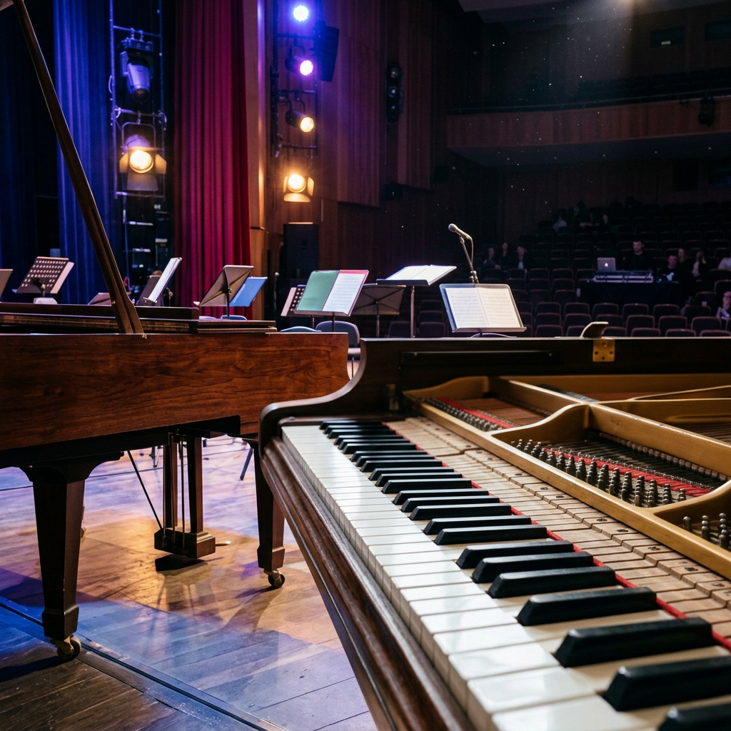 Hands playing white and black keys on a grand piano keyboard