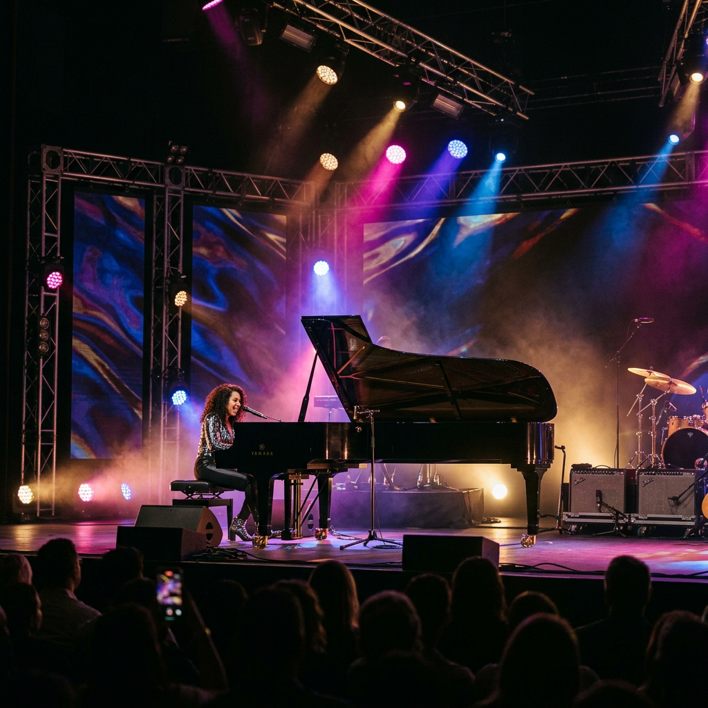 Grand piano on pop concert stage with lights