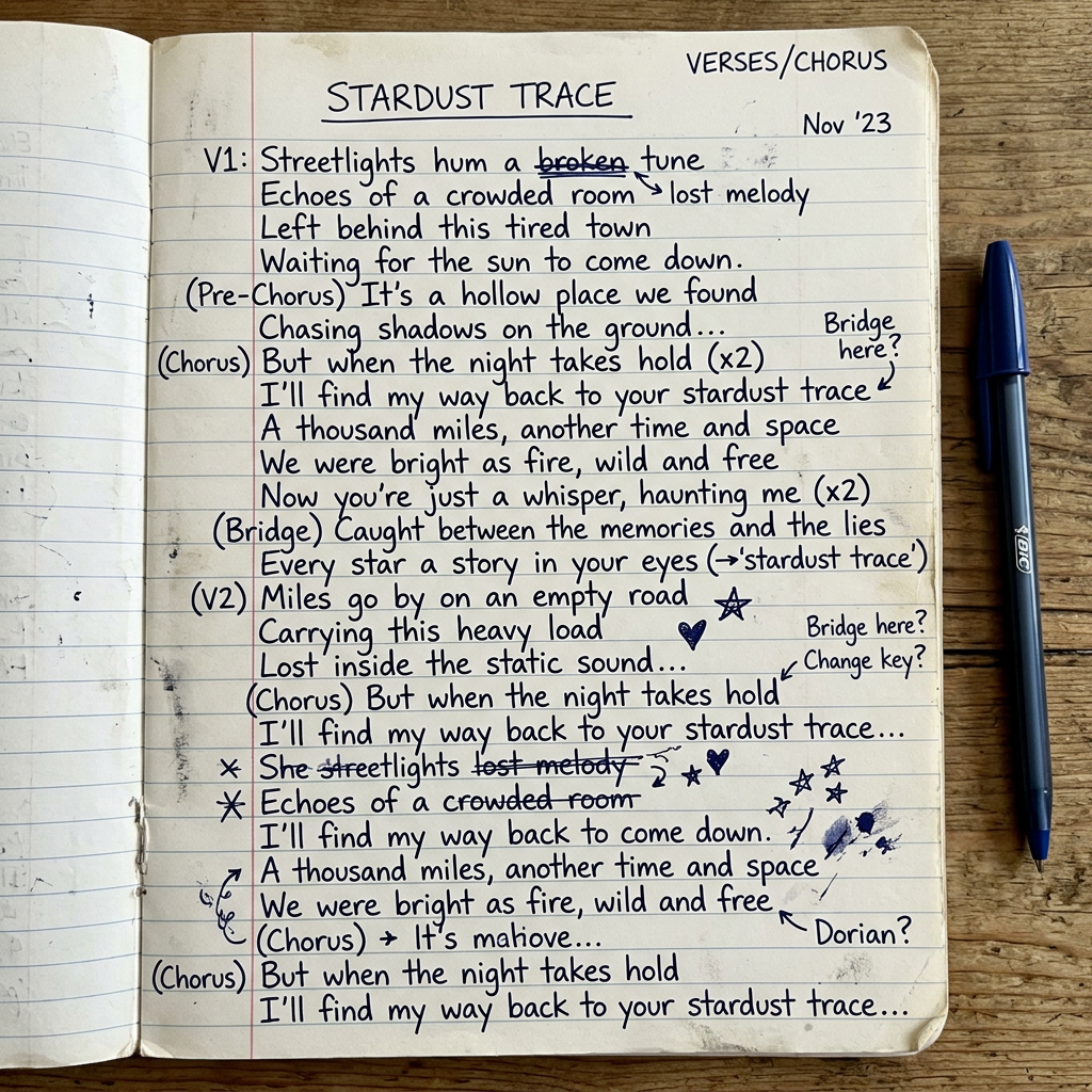 Handwritten song lyrics on notebook page
